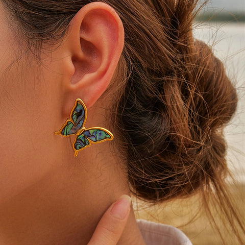 Rainbow Abalone Shell Butterfly Stud Earrings, 18k Gold Titanium Steel Earring Jewelry AL717