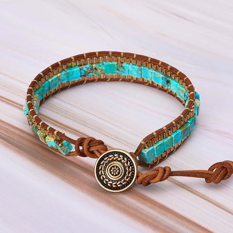 4mm Square Imperial Stone Retro Leather Bracelet, Aqua Blue Gemstone Beads Bracelet, Handmade Boho Jewelry AL634