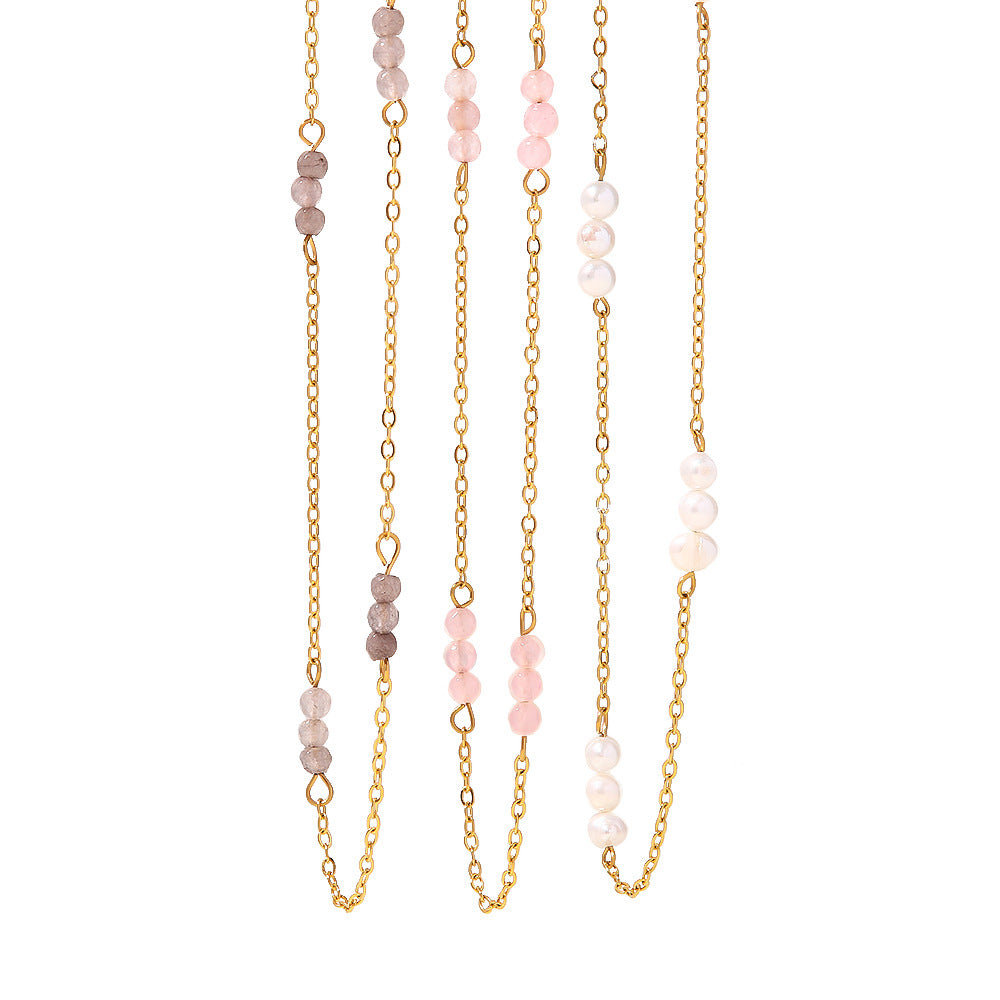 18K Gold Stainless Steel Pearl Necklace, Natural Stone Rosary Chain Necklace Jewelry AL740