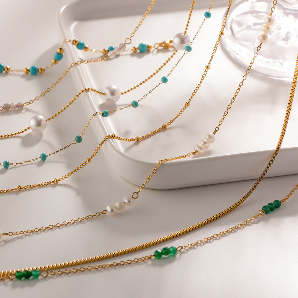 18K Gold Stainless Steel Pearl Necklace, Natural Stone Rosary Chain Necklace Jewelry AL740