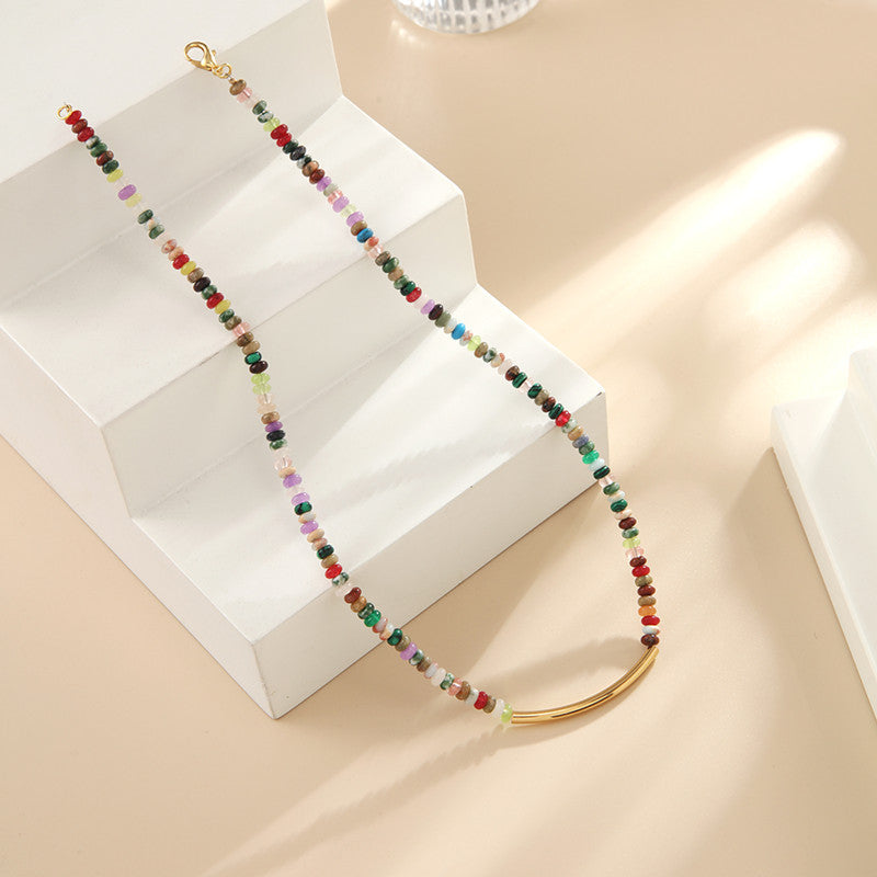 16" Bohemian Multi Natural Stones Beaded Necklace, Gold Tube, Handmade Boho Jewelry AL737