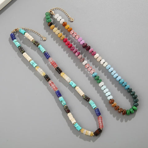 Bohemian Rainbow Natural Stones Crystals Beaded Necklace, Handmade Boho Jewelry AL735