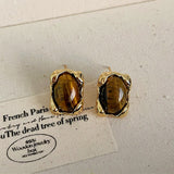Irregular Gold Plated Oval Tigere's Eye Natural Stone Stud Earrings, Simple Gemstone Jewelry AL800