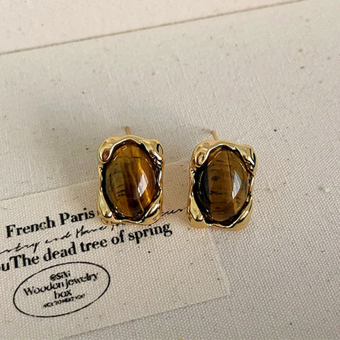 Irregular Gold Plated Oval Tigere's Eye Natural Stone Stud Earrings, Simple Gemstone Jewelry AL800
