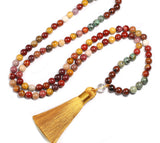 Gradient Color 108 Mala Beads Gemstone Tassel Necklaces, 8mm Rose Quartz Amethyst Lapis Lazuli African Turquoise Beads Bracelet, Handmade Healing Jewelry AL635
