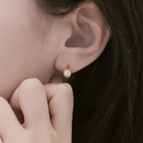 Gold Bezel Round Opal Hoop Earrings, 925 Sterling Silver, Fashion Jewelry AL645