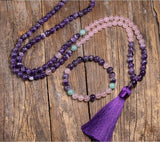 Gradient Color 108 Mala Beads Gemstone Tassel Necklaces, 8mm Rose Quartz Amethyst Lapis Lazuli African Turquoise Beads Bracelet, Handmade Healing Jewelry AL635