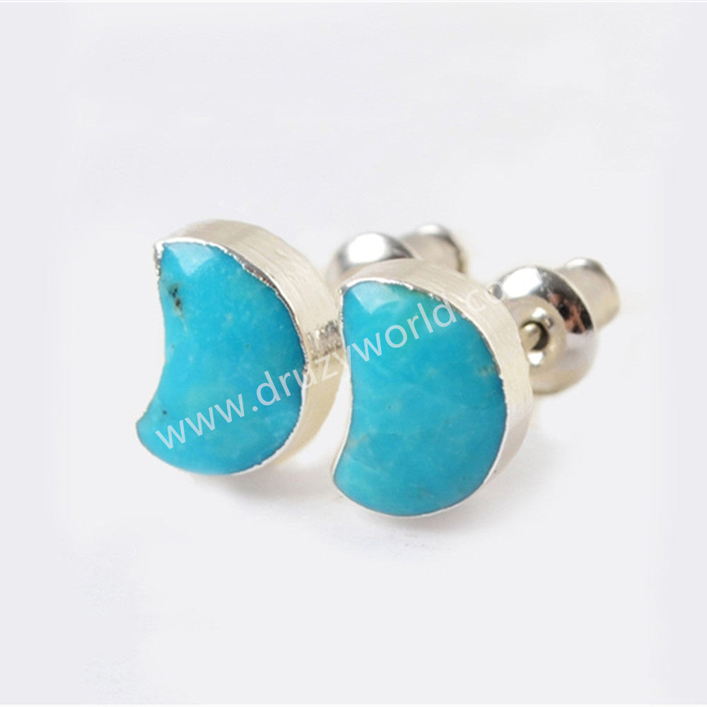 Silver Plated Crescent Moon 8mm Natural Turquoise Stud Earrings, Gemstone Jewelry Moon Studs S1225