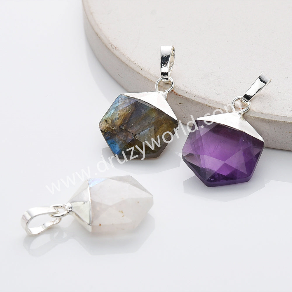 Silver Plated Hexagon Moonstone Labradorite Amethyst Faceted Pendant S2072