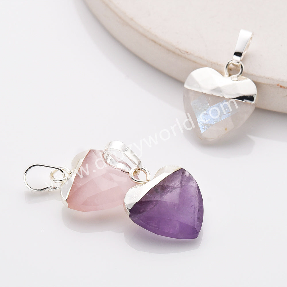 Silver Plated Heart Moonstone Labradorite Amethyst Faceted Pendant S2073