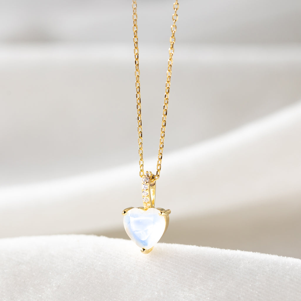 15.5" Dainty CZ Moonstone Crystal Heart Necklace, Gemstone Birthstone 925 Sterling Silver Jewelry Necklace For Women SS255
