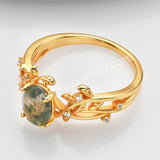 925 Sterling Silver Gold Plated White CZ Leaf Oval Moss Agate Ring SS278-1