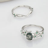 2 Pcs/Set of 925 Sterling Silver Green CZ Leaf Oval Moss Agate Rings SS279-2