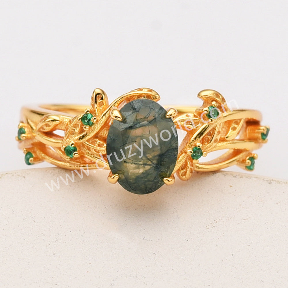 925 Sterling Silver 18K Gold Green CZ Leaf Oval Moss Agate Faceted Ring SS282-1