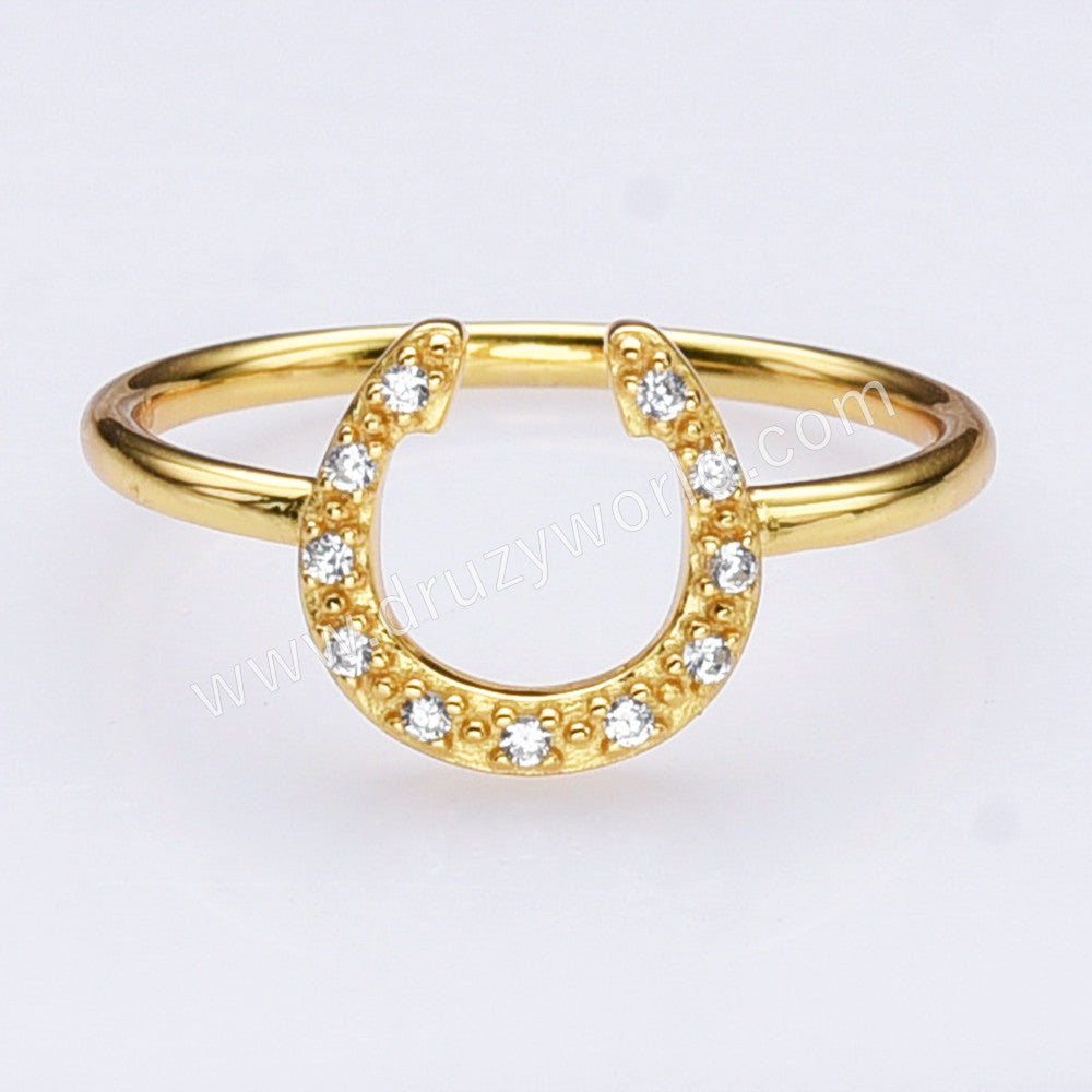S925 Sterling Silver Gold Zircon Horseshoe Ring, CZ Horn Ring, U-shape Ring, Fashion Jewelry For Women SS296RG