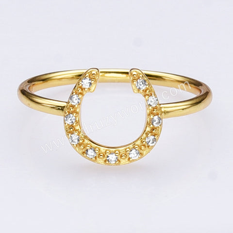 S925 Sterling Silver Gold Zircon Horseshoe Ring, CZ Horn Ring, U-shape Ring, Fashion Jewelry For Women SS296RG