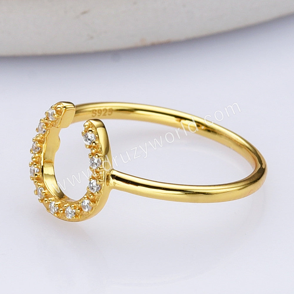 S925 Sterling Silver Gold CZ Horseshoe Ring, Zircon Ring, Fashion Jewelry SS296