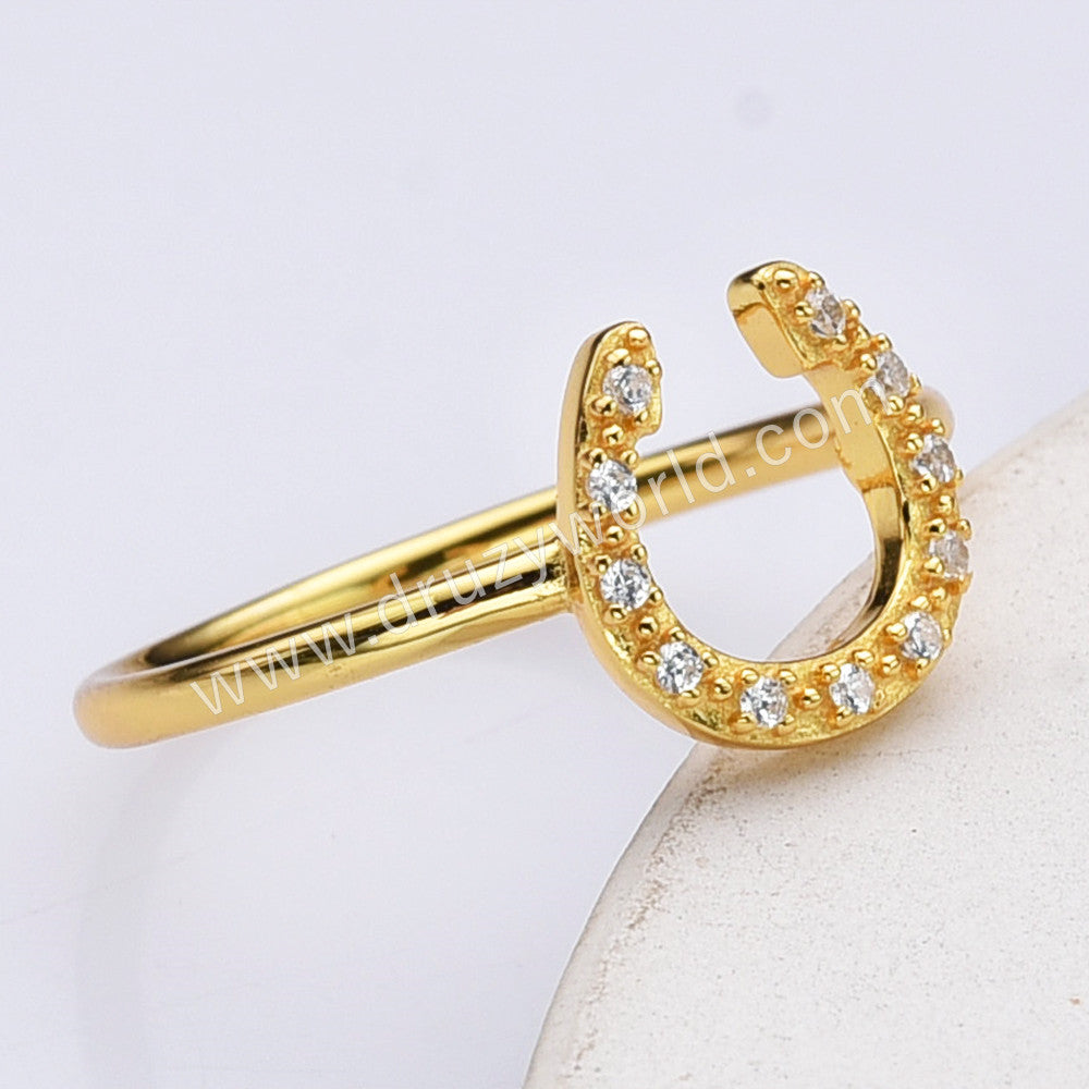 S925 Sterling Silver Gold CZ Horseshoe Ring, Zircon Ring, Fashion Jewelry SS296