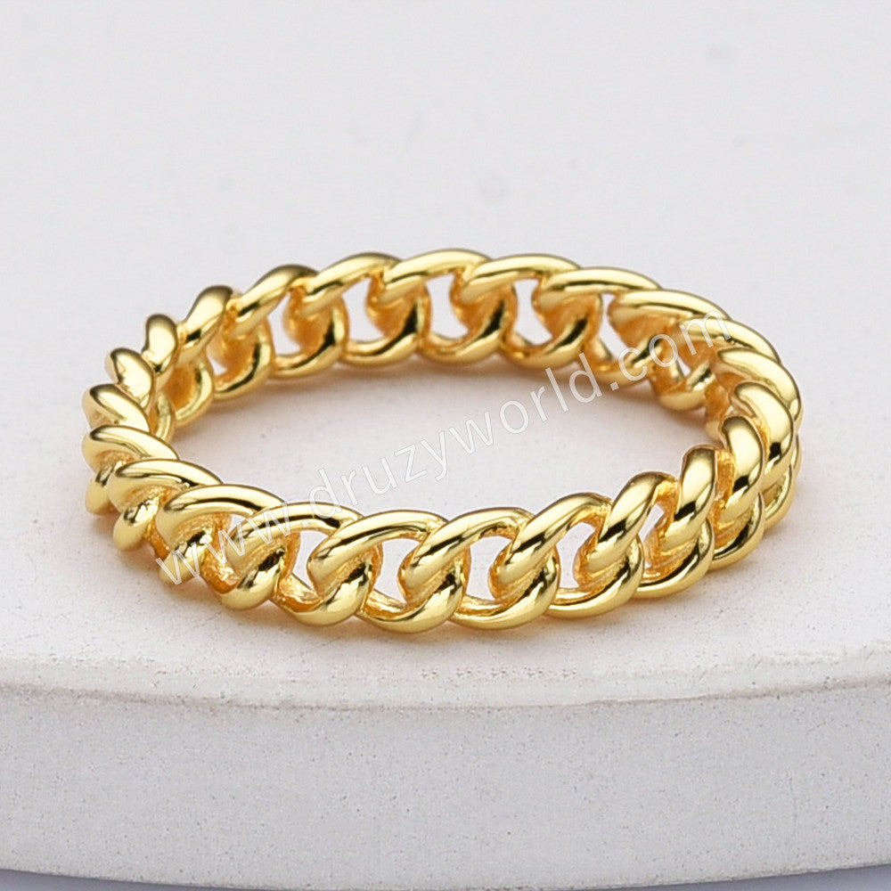 S925 Sterling Silver Gold Curb Chain Ring, Fashion Simple Jewelry SS29