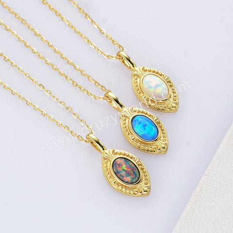 15" Dainty S925 Sterling Silver Gold Oval Blue White Opal Necklace SS300NG