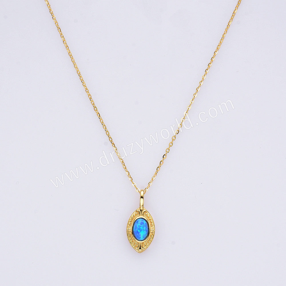 15" Dainty S925 Sterling Silver Gold Oval Blue White Opal Necklace SS300NG