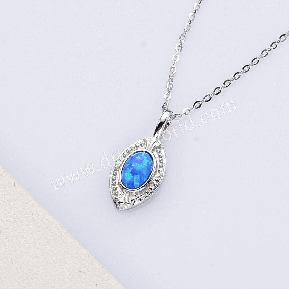 15" Dainty S925 Sterling Silver Oval Blue White Opal Pendant Necklace SS301