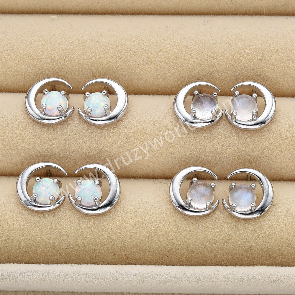 S925 Sterling Silver White Opal Moonstone Crescent Moon Stud Earrings SS303