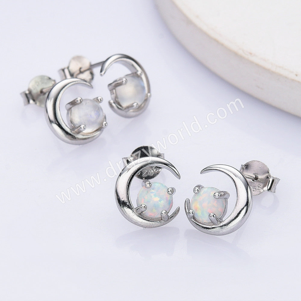 S925 Sterling Silver White Opal Moonstone Crescent Moon Stud Earrings SS303