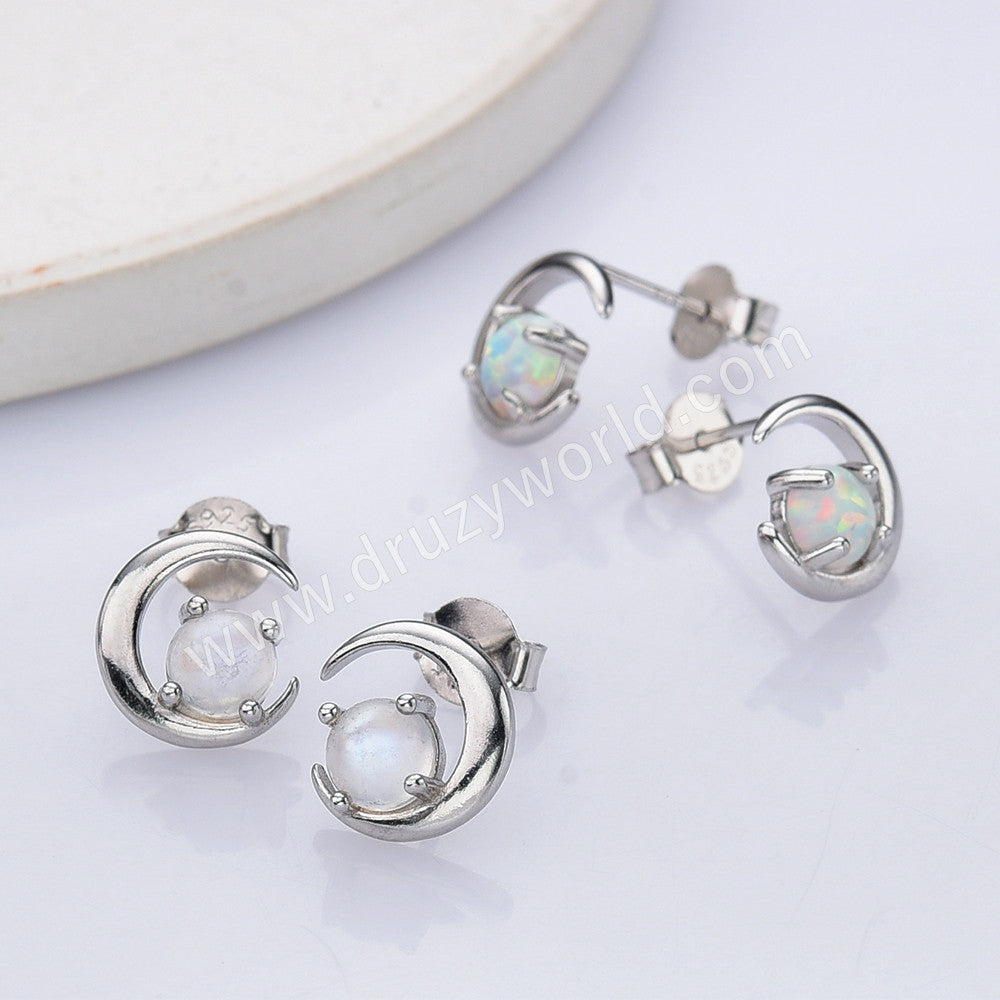 S925 Sterling Silver White Opal Moonstone Crescent Moon Stud Earrings SS303