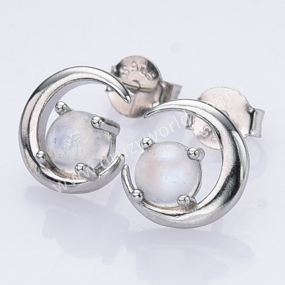 S925 Sterling Silver White Opal Moonstone Crescent Moon Stud Earrings SS303