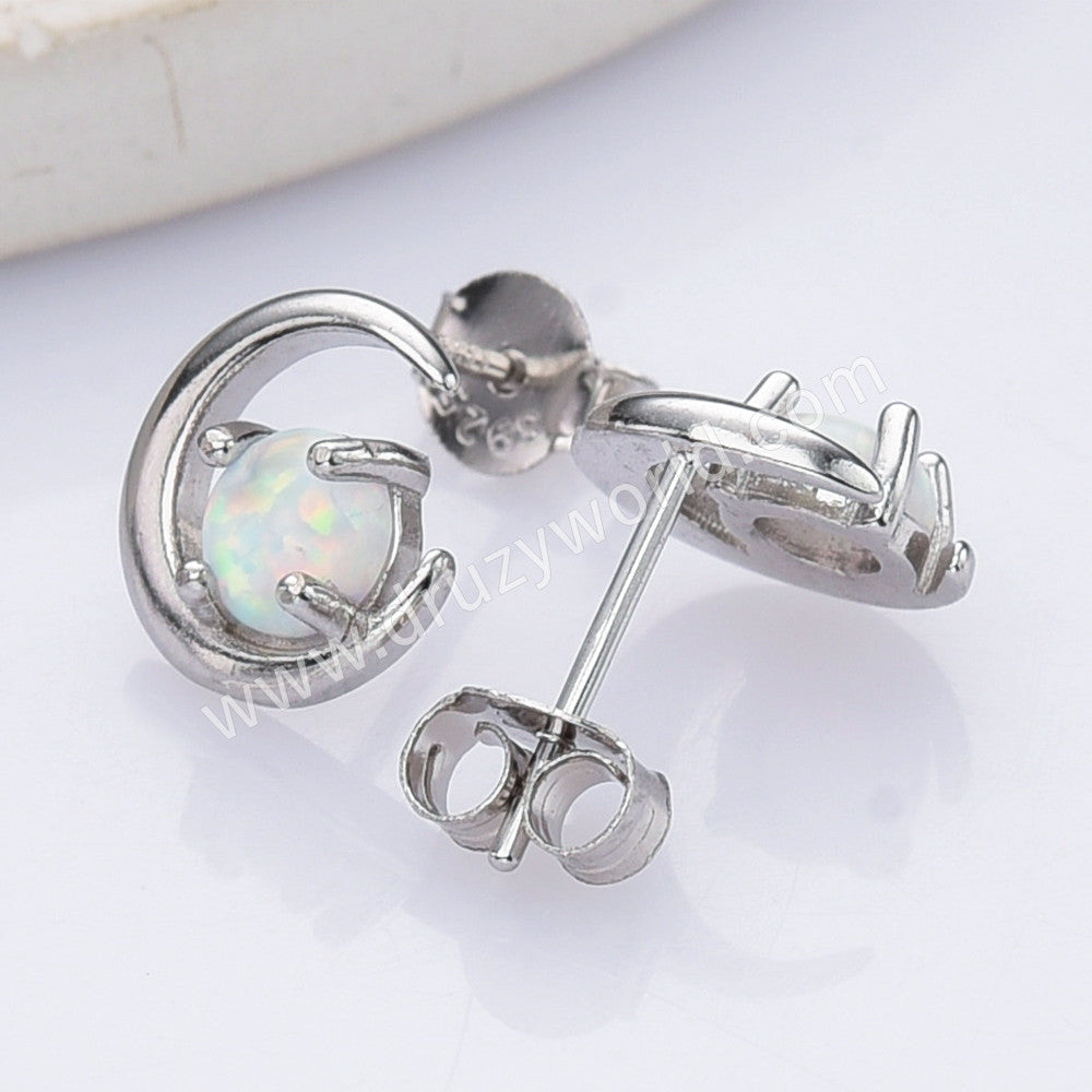 S925 Sterling Silver White Opal Moonstone Crescent Moon Stud Earrings SS303