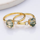 925 Sterling Silver Gold Oval Moss Agate Zircon Ring Fashion Jewelry SS306-1