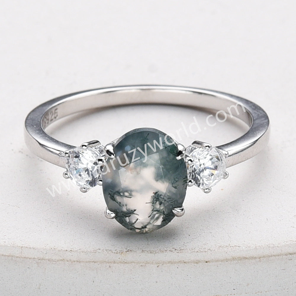 925 Sterling Silver Oval Moss Agate Zircon Ring Dainty Jewelry SS306-2