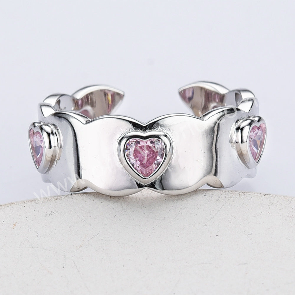 S925 Sterling Silver Pink Zircon Open Band Heart Ring, Fashion Simple Jewelry For Women SS310