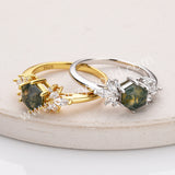 925 Sterling Silver CZ Hexagon Moss Agate Faceted Smooth Gold Ring Zircon Ring, Natural Agate Jewelry SS315-1