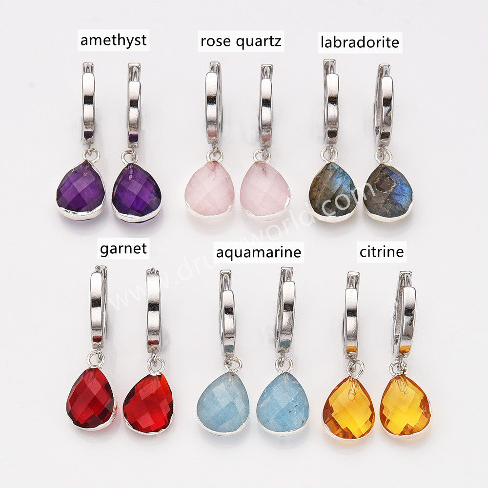 925 Sterling Silver Drop Gemstone Dangle Earrings, Faceted Birthstone Earring, Healing Crystal Jewelry SS341