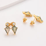 S925 Sterling Silver Gold Plated Natural Moss Agate CZ Stud Earrings, Diamond Shape Gemstone Jewelry SS360-1
