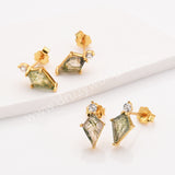 S925 Sterling Silver Gold Plated Natural Moss Agate CZ Stud Earrings, Diamond Shape Gemstone Jewelry SS360-1