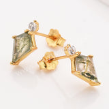S925 Sterling Silver Gold Plated Natural Moss Agate CZ Stud Earrings, Diamond Shape Gemstone Jewelry SS360-1