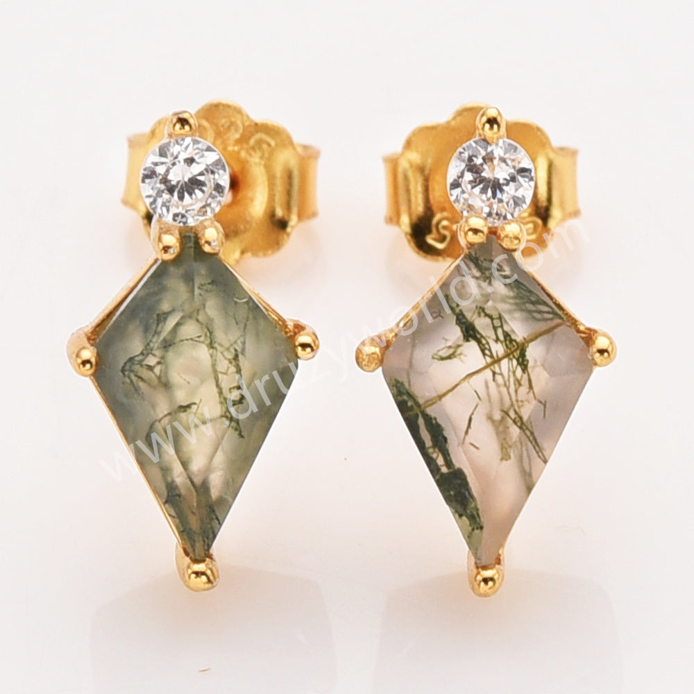 S925 Sterling Silver Gold Plated Natural Moss Agate CZ Stud Earrings, Diamond Shape Gemstone Jewelry SS360-1