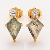 S925 Sterling Silver Gold Plated Natural Moss Agate CZ Stud Earrings, Diamond Shape Gemstone Jewelry SS360-1