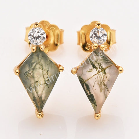 S925 Sterling Silver Gold Plated Natural Moss Agate CZ Stud Earrings, Diamond Shape Gemstone Jewelry SS360-1