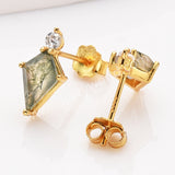 S925 Sterling Silver Gold Plated Natural Moss Agate CZ Stud Earrings, Diamond Shape Gemstone Jewelry SS360-1