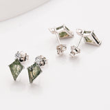 Diamond Shape Green Moss Agate S925 Sterling Silver CZ Stud Earrings, Natural Gemstone Healing Jewelry SS360-2