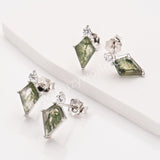 Diamond Shape Green Moss Agate S925 Sterling Silver CZ Stud Earrings, Natural Gemstone Healing Jewelry SS360-2