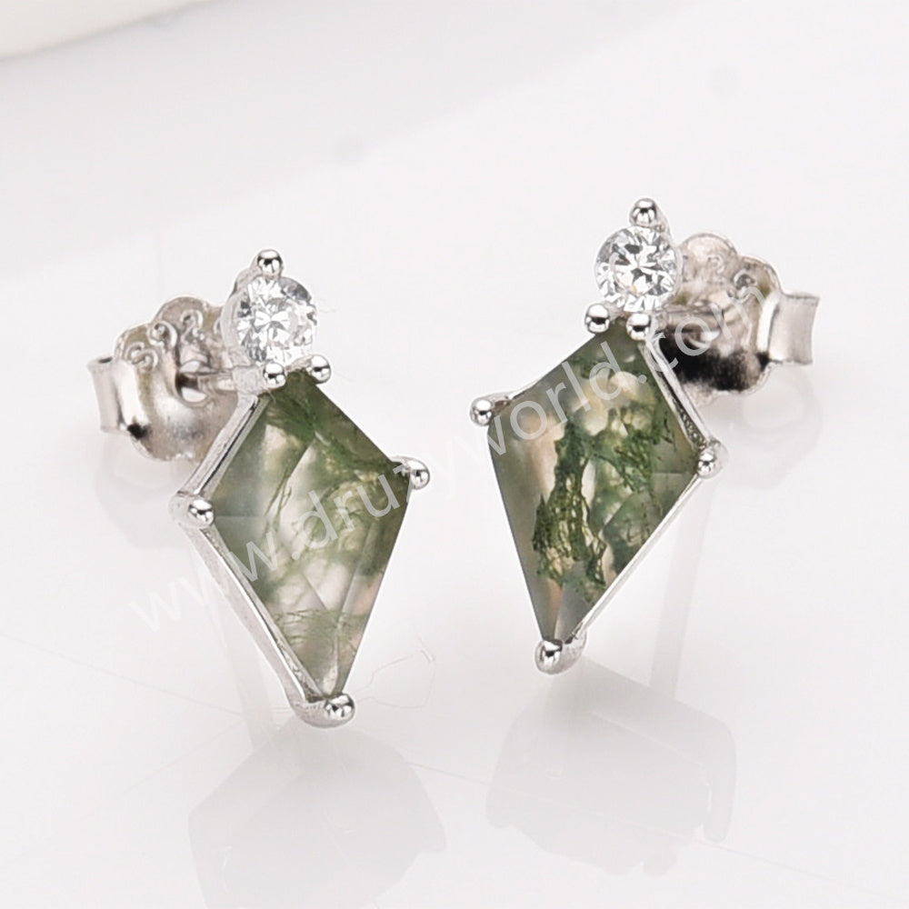 Diamond Shape Green Moss Agate S925 Sterling Silver CZ Stud Earrings, Natural Gemstone Healing Jewelry SS360-2