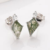 Diamond Shape Green Moss Agate S925 Sterling Silver CZ Stud Earrings, Natural Gemstone Healing Jewelry SS360-2