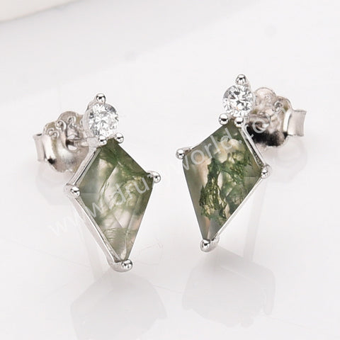 Diamond Shape Green Moss Agate S925 Sterling Silver CZ Stud Earrings, Natural Gemstone Healing Jewelry SS360-2