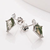 Diamond Shape Green Moss Agate S925 Sterling Silver CZ Stud Earrings, Natural Gemstone Healing Jewelry SS360-2