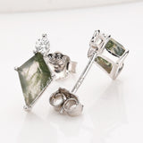 Diamond Shape Green Moss Agate S925 Sterling Silver CZ Stud Earrings, Natural Gemstone Healing Jewelry SS360-2
